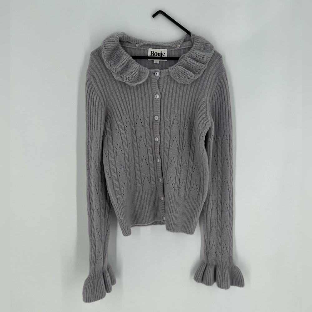 Rouje Paris Billy Mohair Wool Blend Knit Ruffle Collar Lavender Grey Cardigan